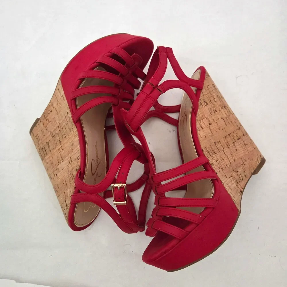 Jessica Simpson Brinlee Red Strappy Tall Cork Wedge Sandals Baddie Summer Sz 7.5